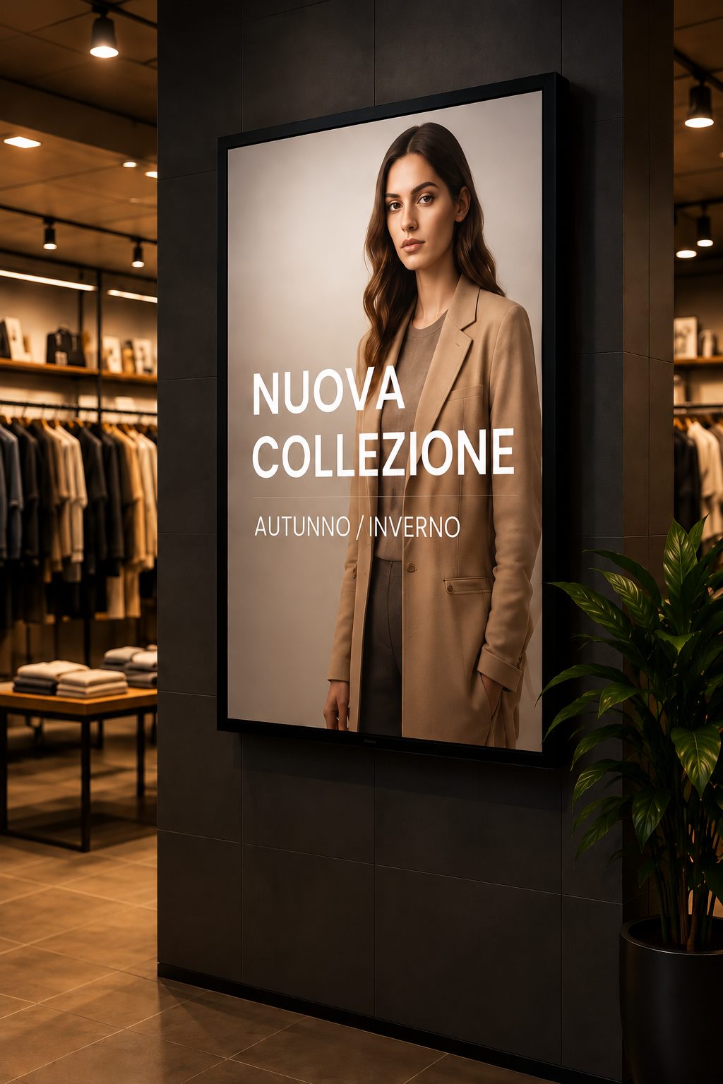 Schermo digitale con campagna “Nuova collezione” in un negozio di moda