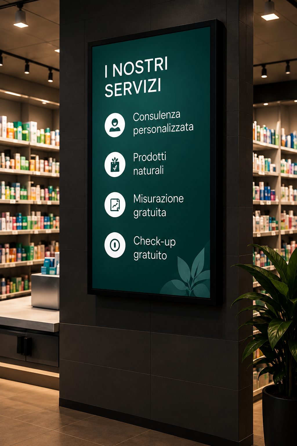 Schermo digitale con i servizi offerti in una farmacia