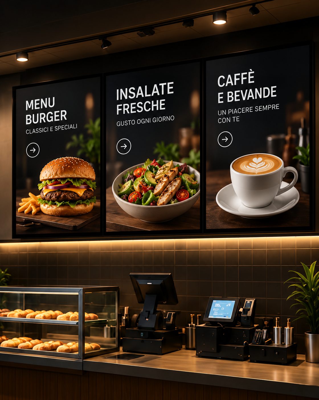 Schermi digitali con menu di un bar/ristorante