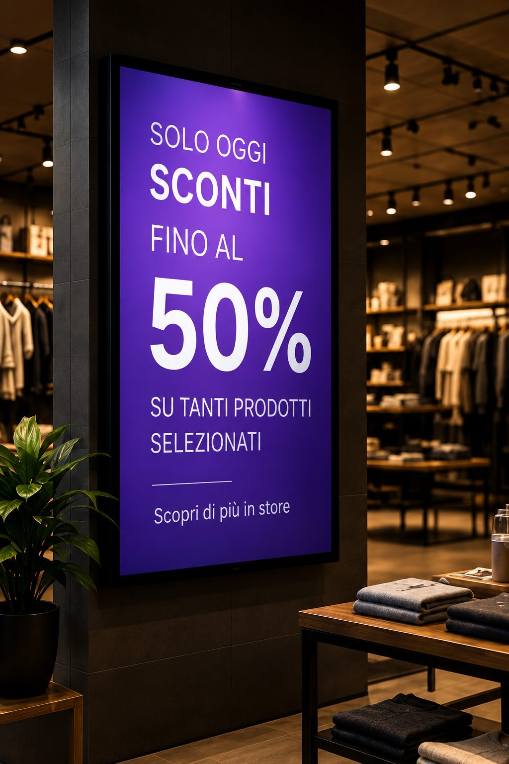 Schermo digitale con promozione “Sconti fino al 50%” in un negozio di abbigliamento