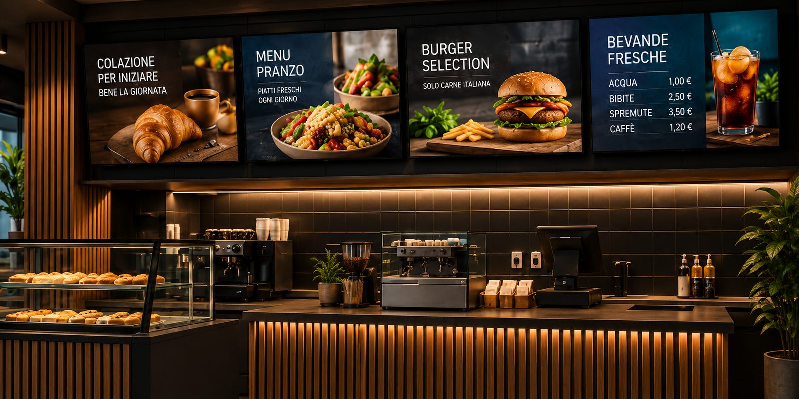 Monitor digitali dietro il bancone di un bar con menu e offerte