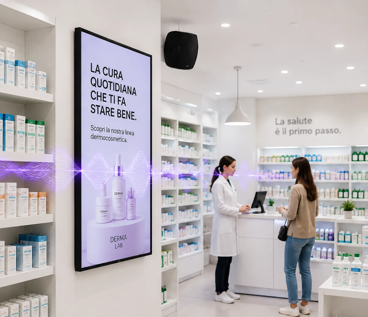 Farmacia con schermi digitali e diffusori audio in-store