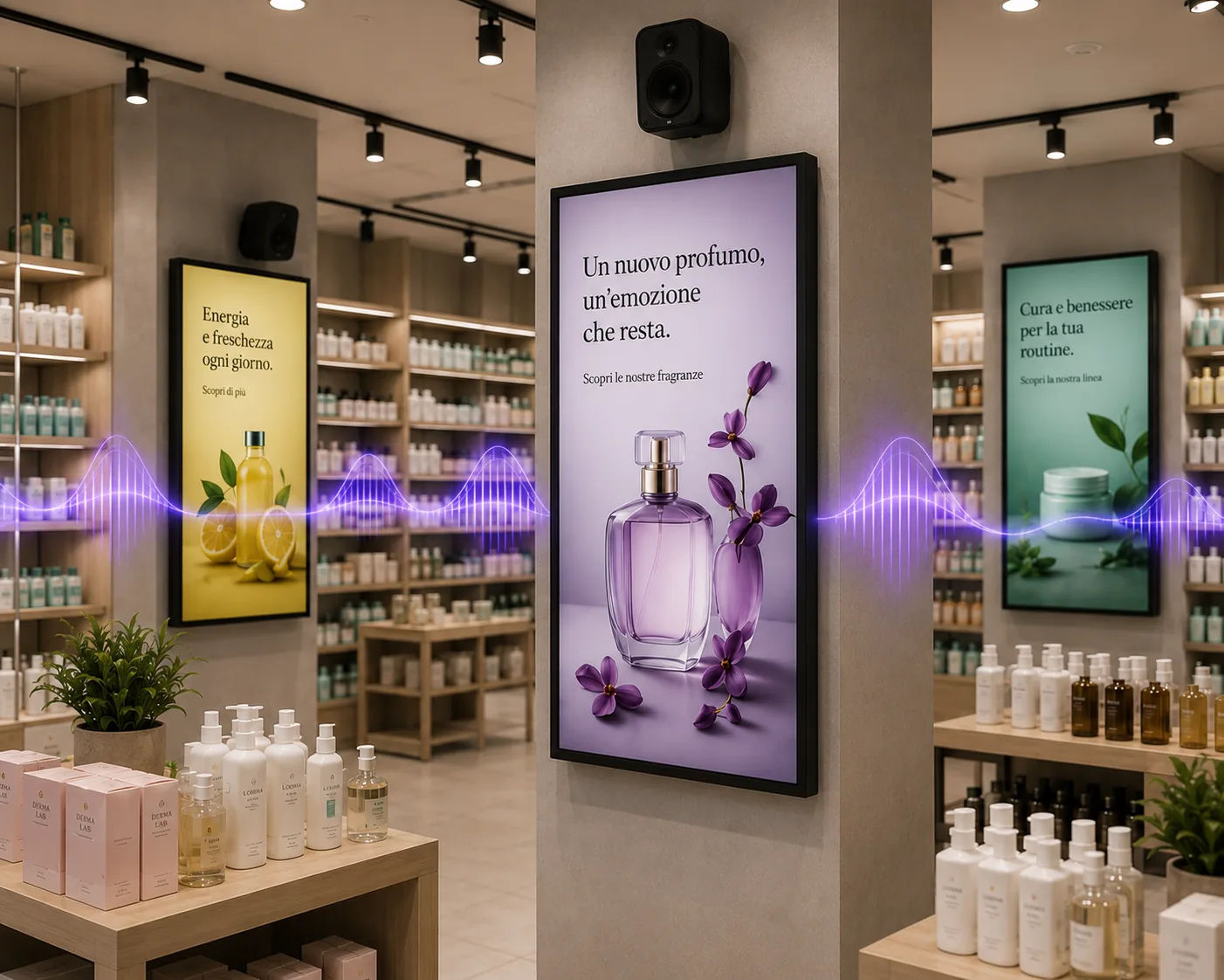 Profumeria con schermi pubblicitari dei brand partner