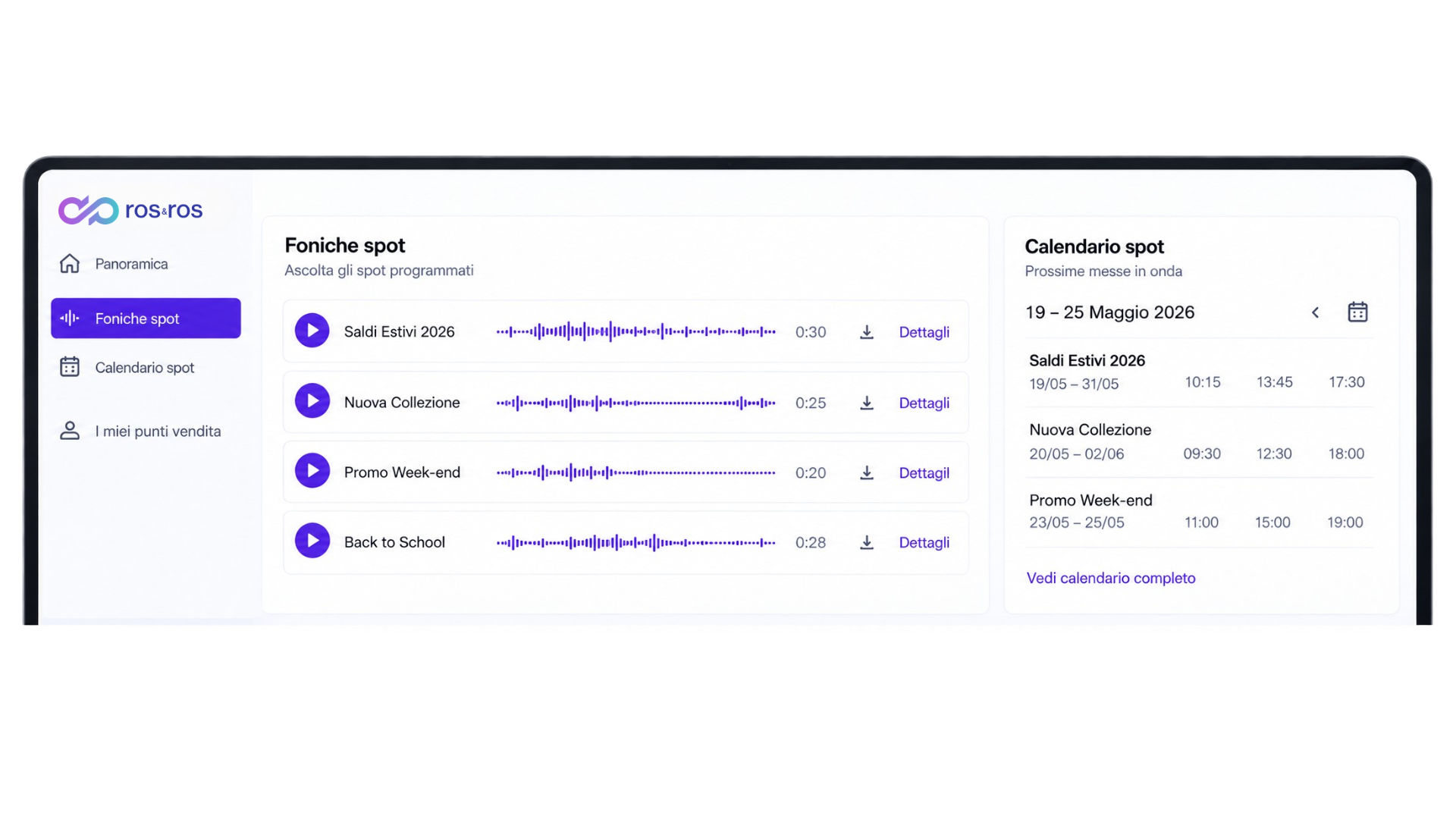 Dashboard portale cliente: foniche spot e calendario
